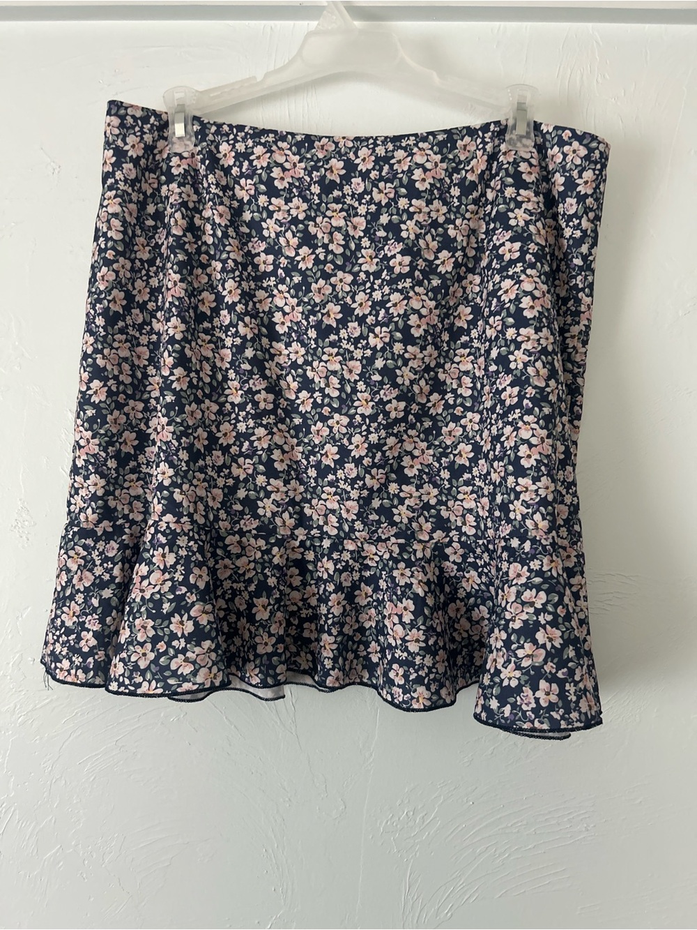 SHEIN Navy Mini Skirt with Pink Floral Ruffle Hem